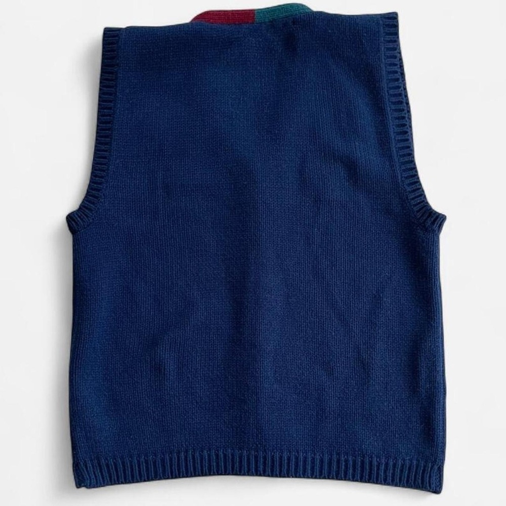 Vintage Stevemor Navy Blue Acrylic Knit With Green & Burgundy Twist Sweater Vest - Picture 6 of 7